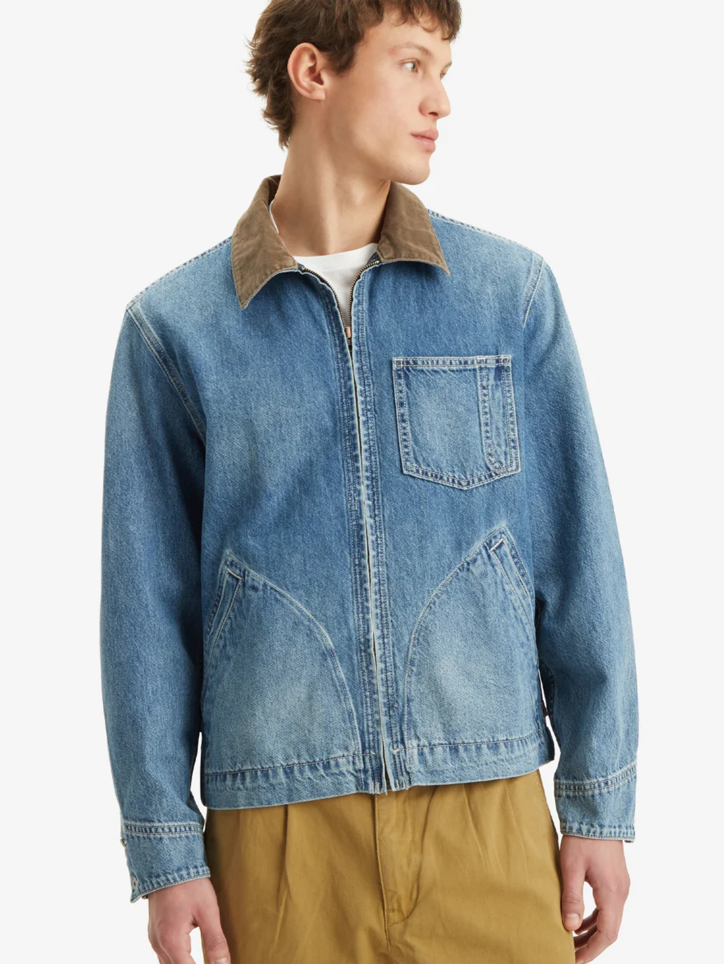 Men's Solid Blue Spread Collar Denim Jacket - Image 2