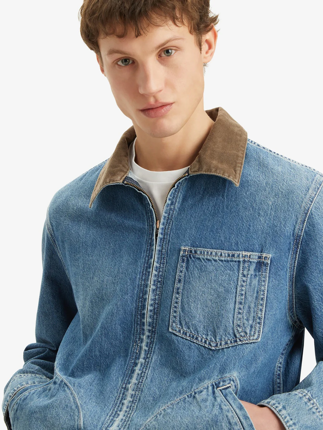 Men's Solid Blue Spread Collar Denim Jacket - Image 4