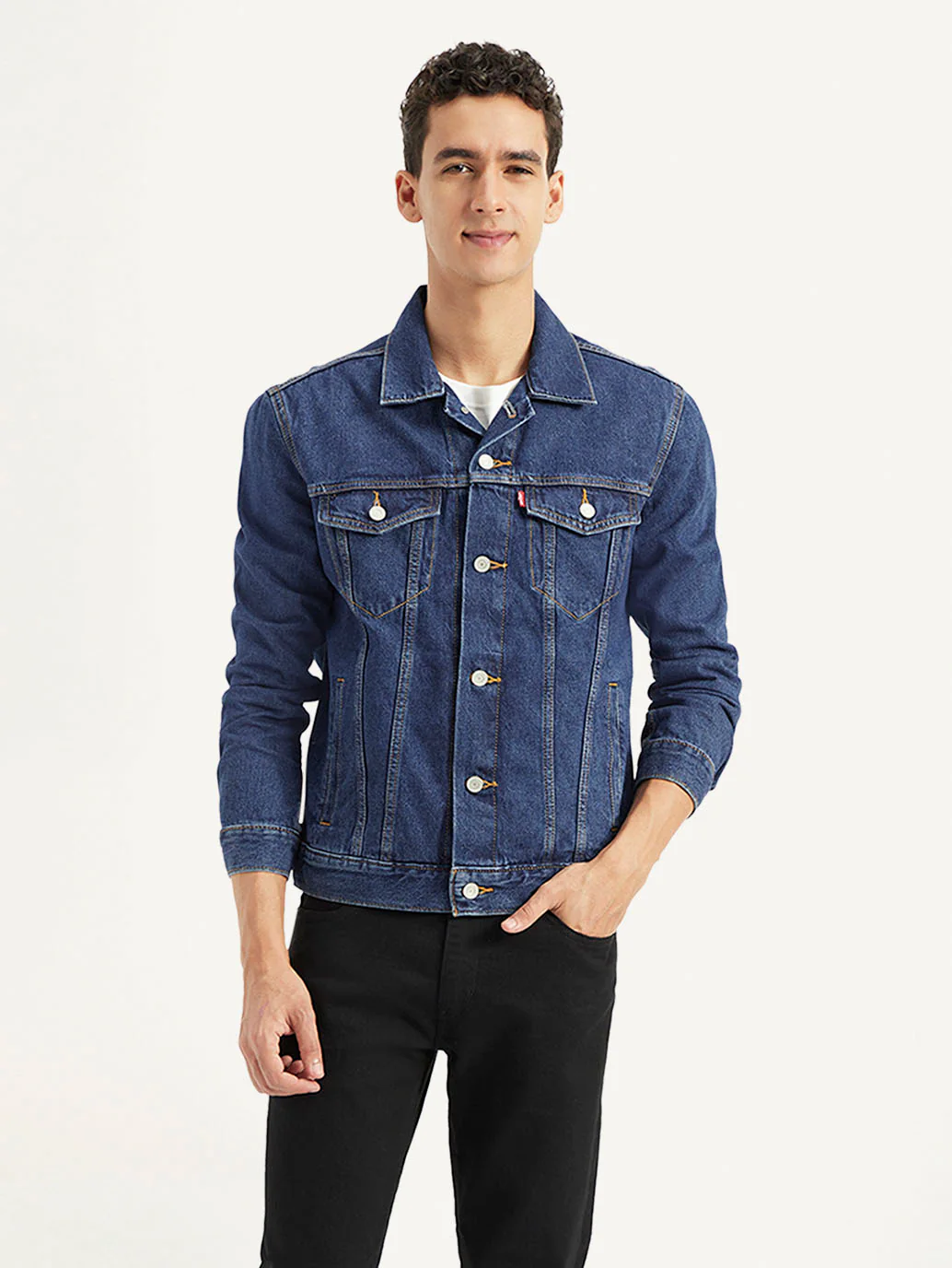 Men's Solid Blue Spread Collar Denim Jacket - Image 2