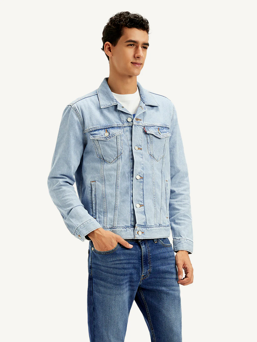 Men's Solid Blue Spread Collar Denim Jacket - Image 4