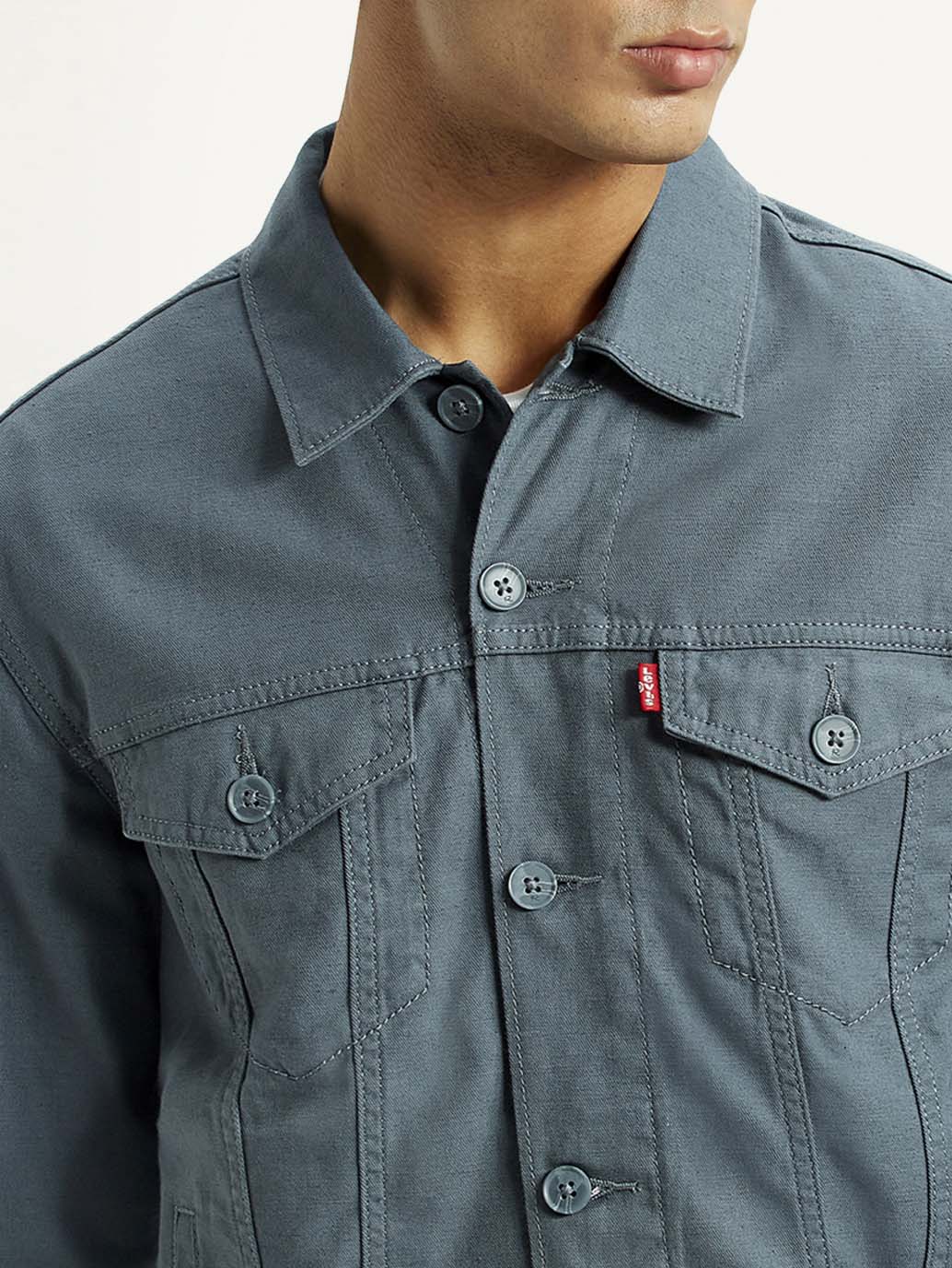 Men's Solid Blue Spread Collar Linen Jacket - Image 4