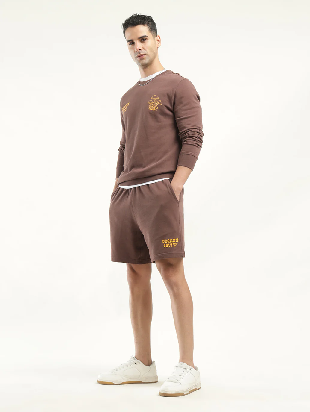 Men's Solid Brown Crew Neck Co-ord Set