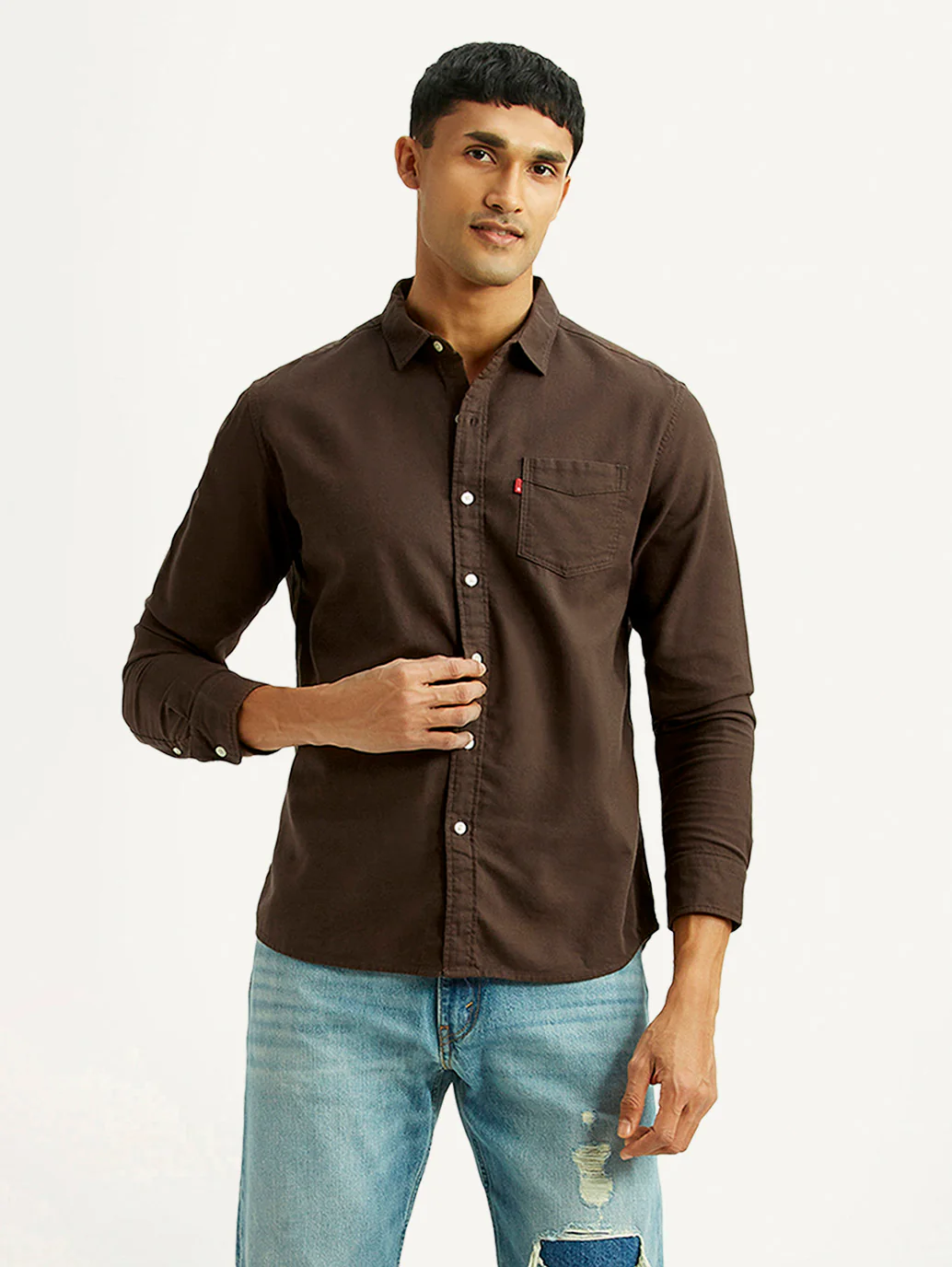 Men's Solid Brown Slim Fit Oxford Shirt - Image 5