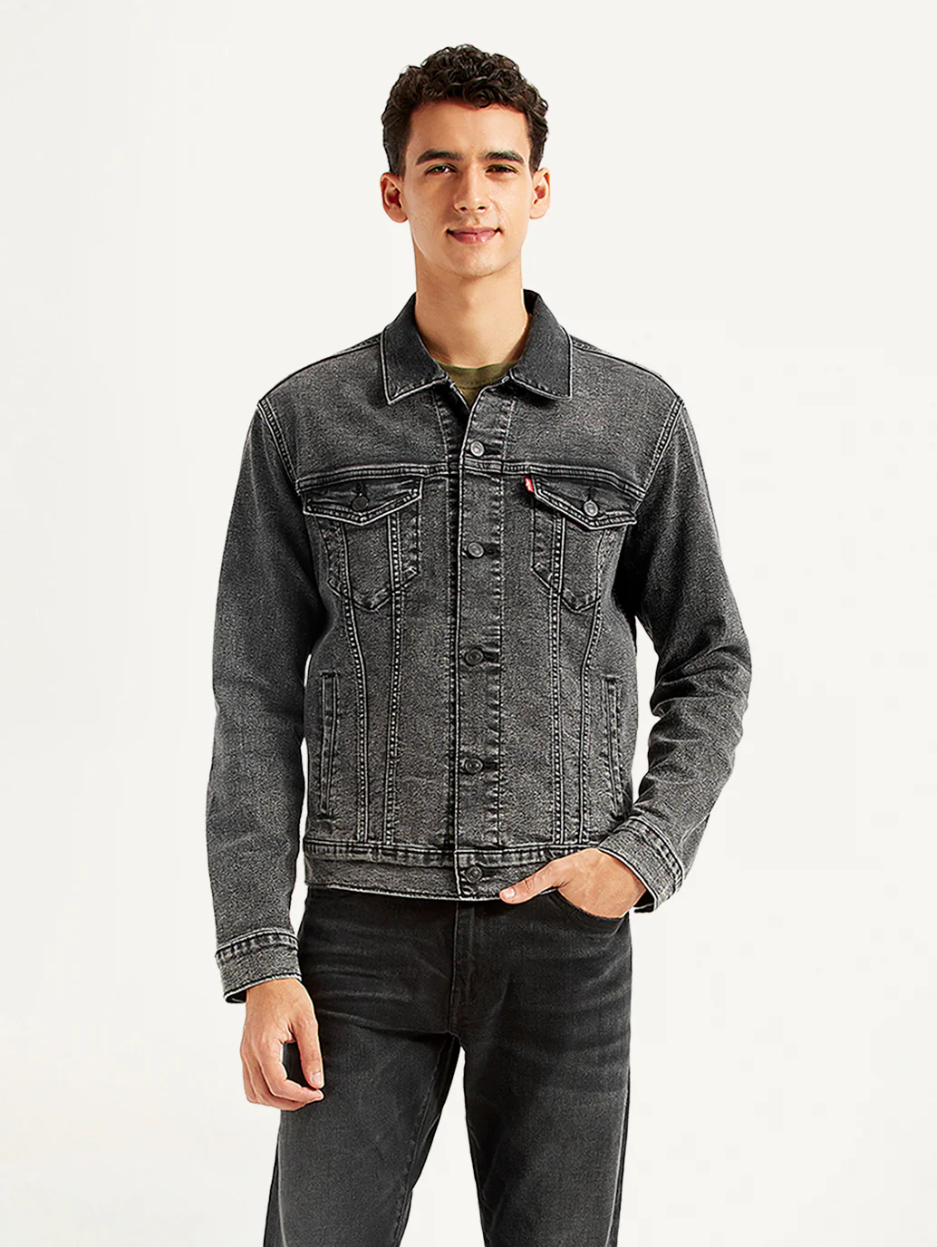 Men's Solid Charcoal Grey Denim Jacket - Image 2