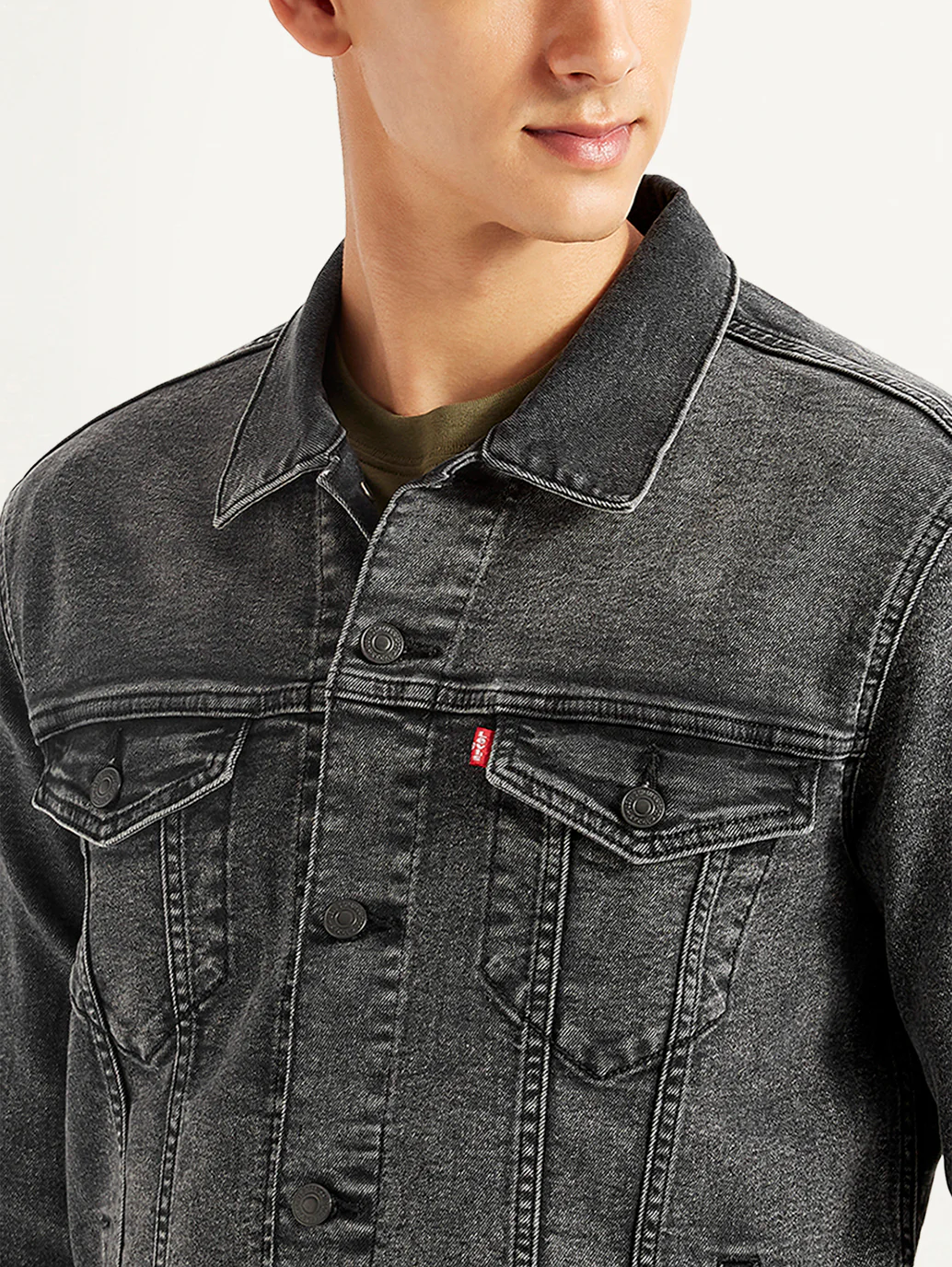 Men's Solid Charcoal Grey Denim Jacket - Image 4