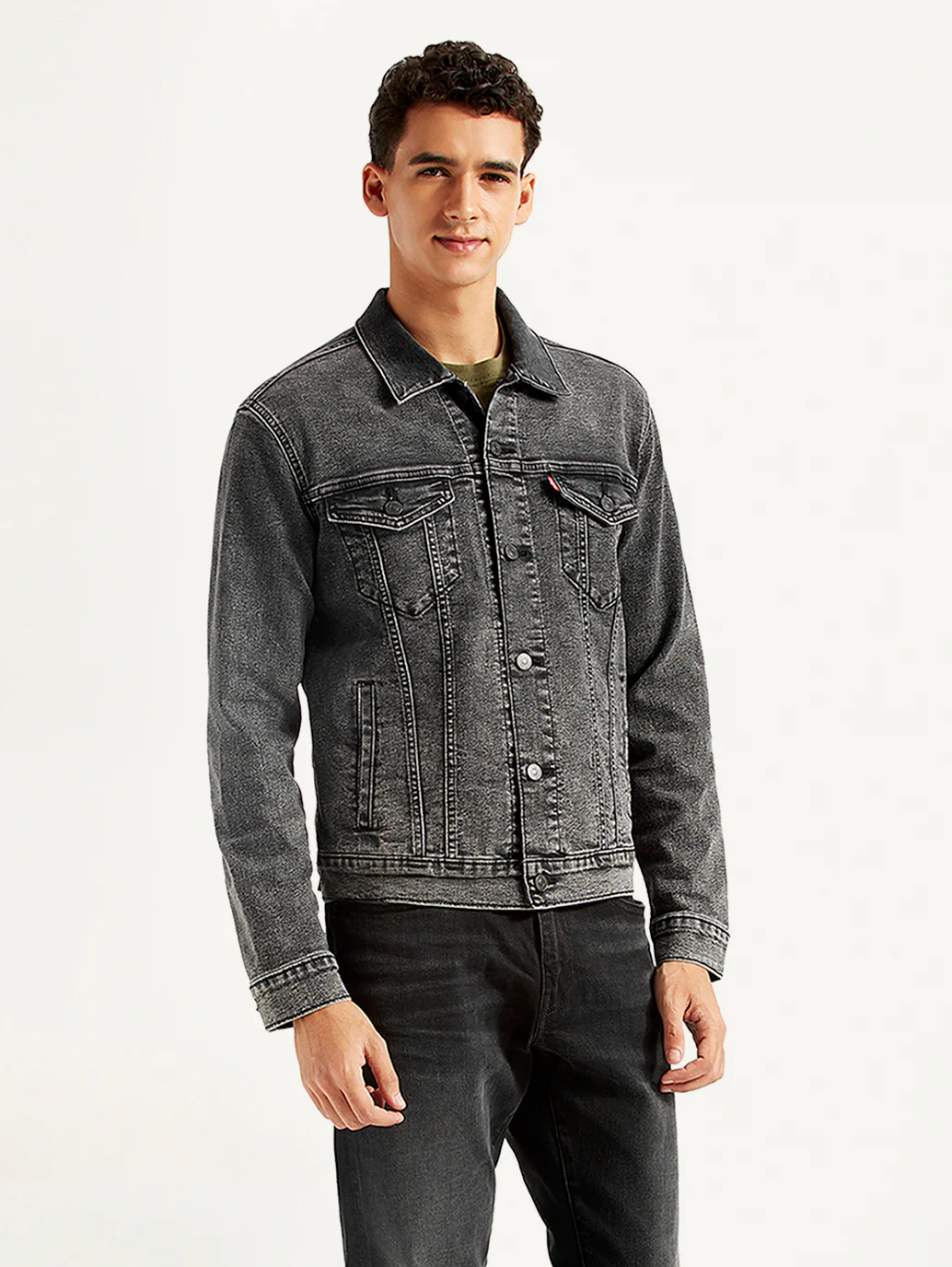 Men's Solid Charcoal Grey Denim Jacket - Image 5