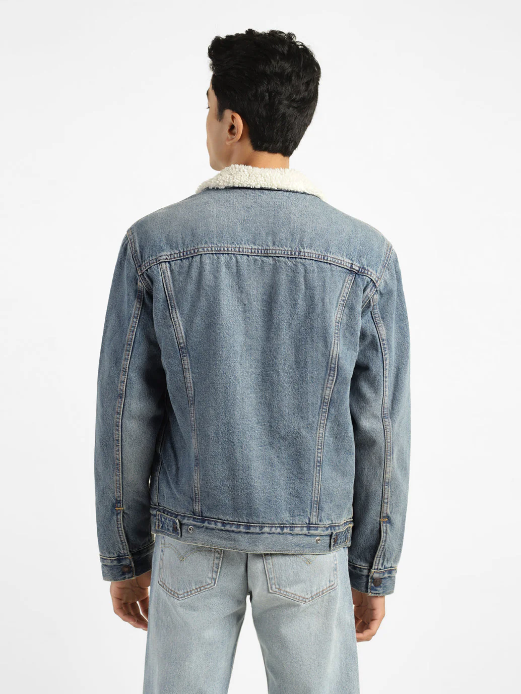 Men's Solid Blue Collar Neck Denim Jacket - Image 2