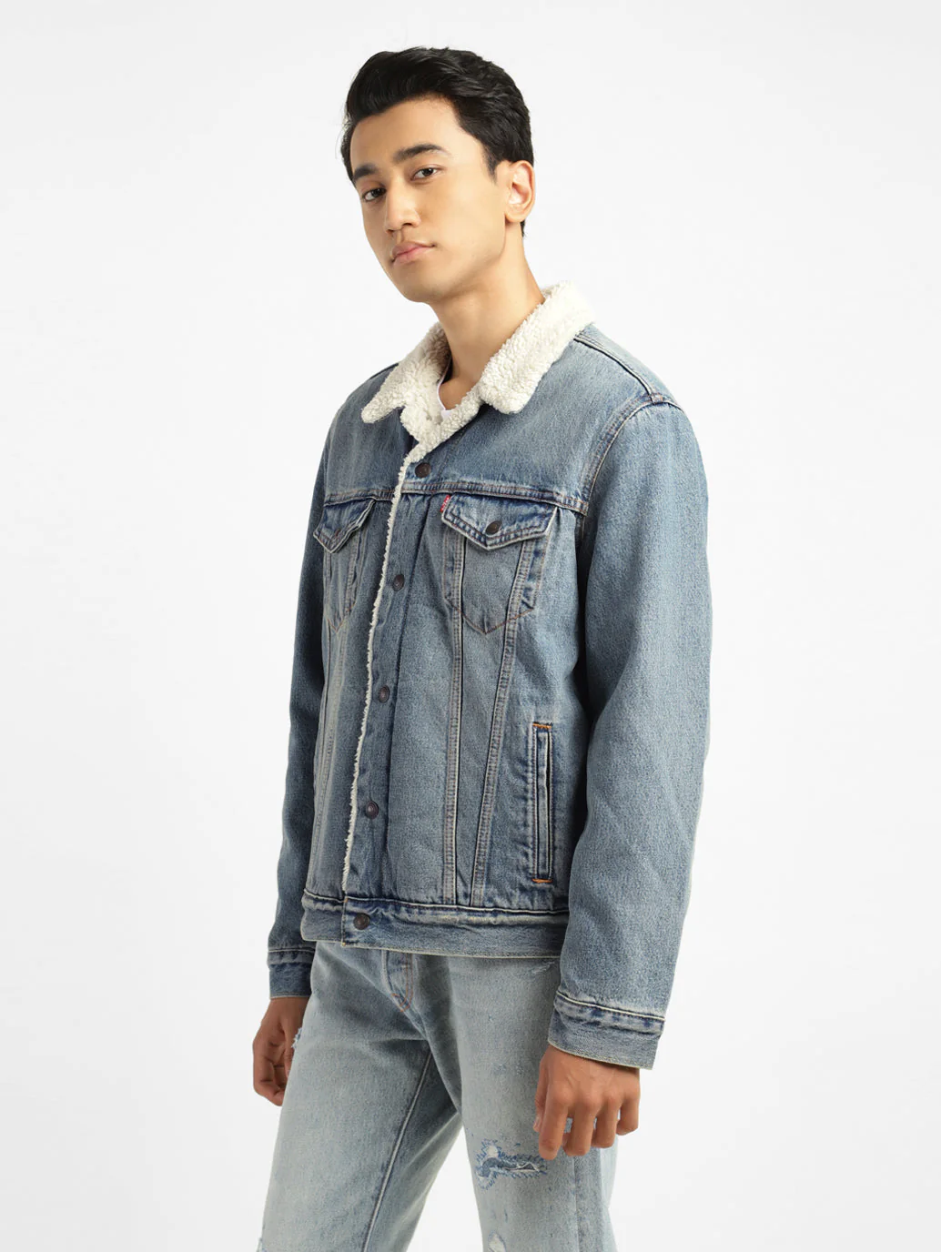 Men's Solid Blue Collar Neck Denim Jacket - Image 3