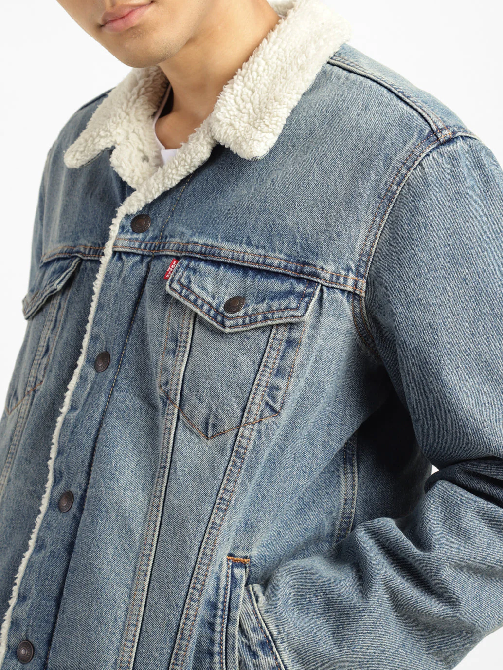 Men's Solid Blue Collar Neck Denim Jacket - Image 4