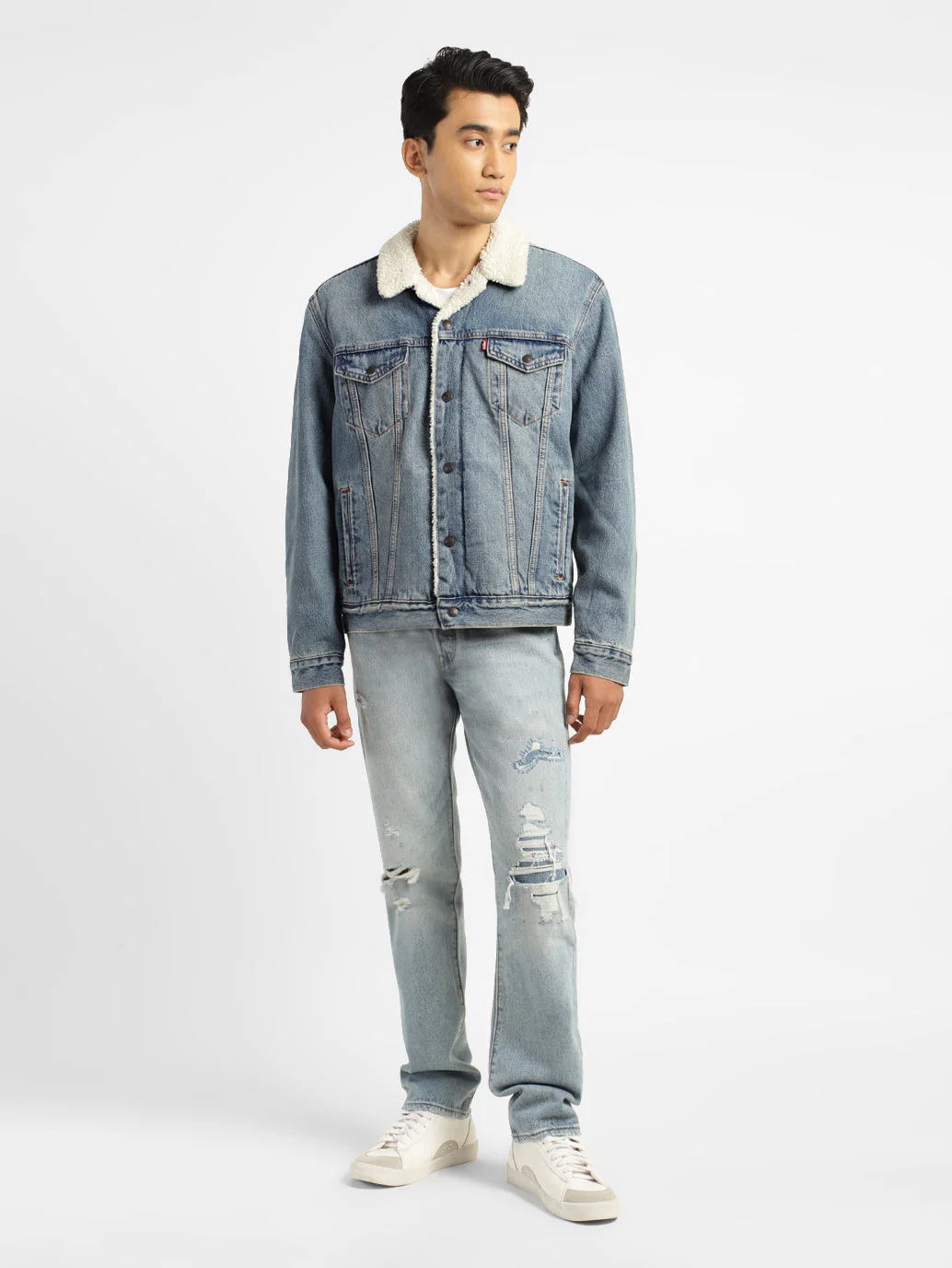 Men's Solid Blue Collar Neck Denim Jacket - Image 5