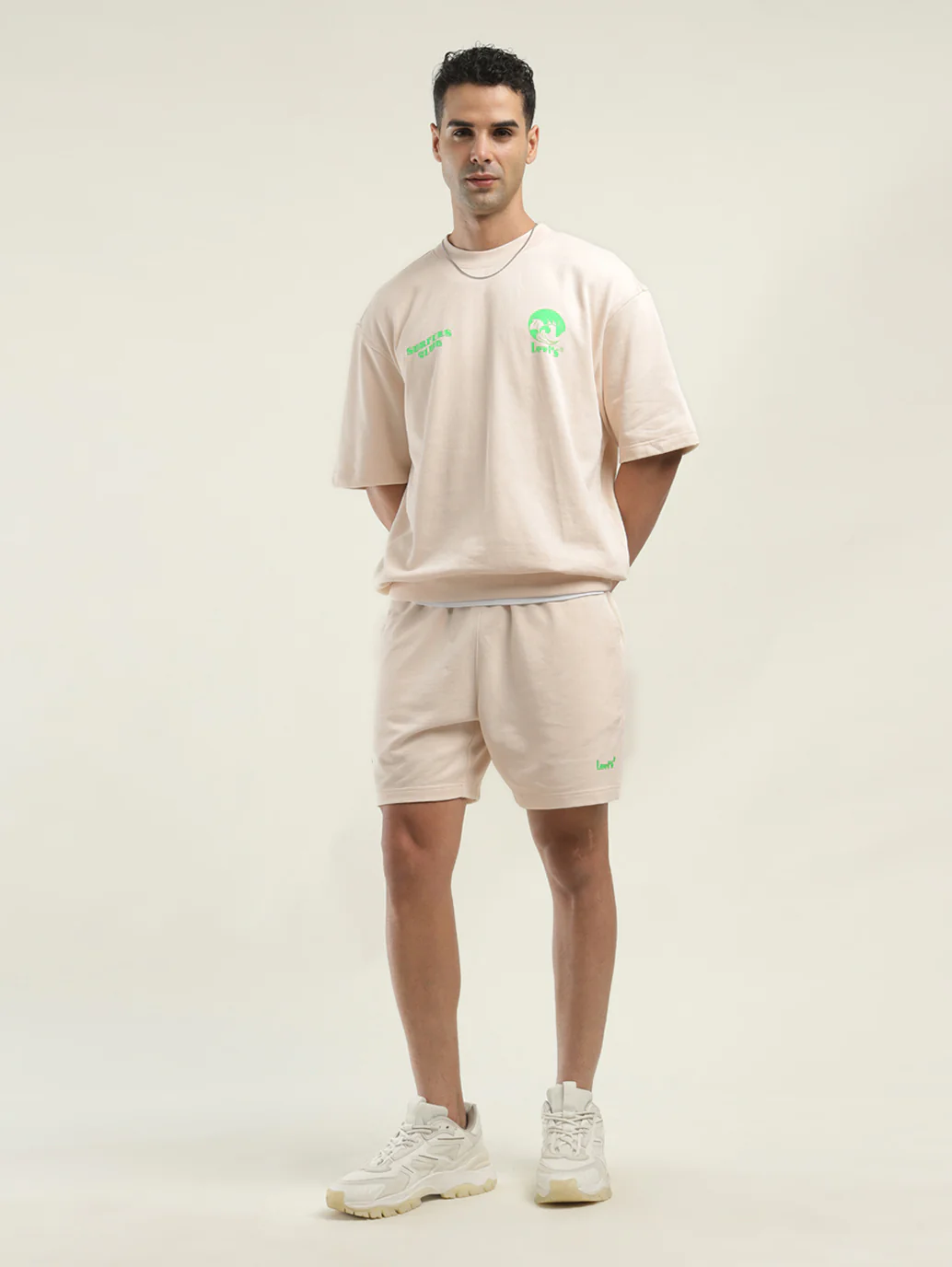 Men's Solid Cream Crew Neck Co-ord Set - Image 2