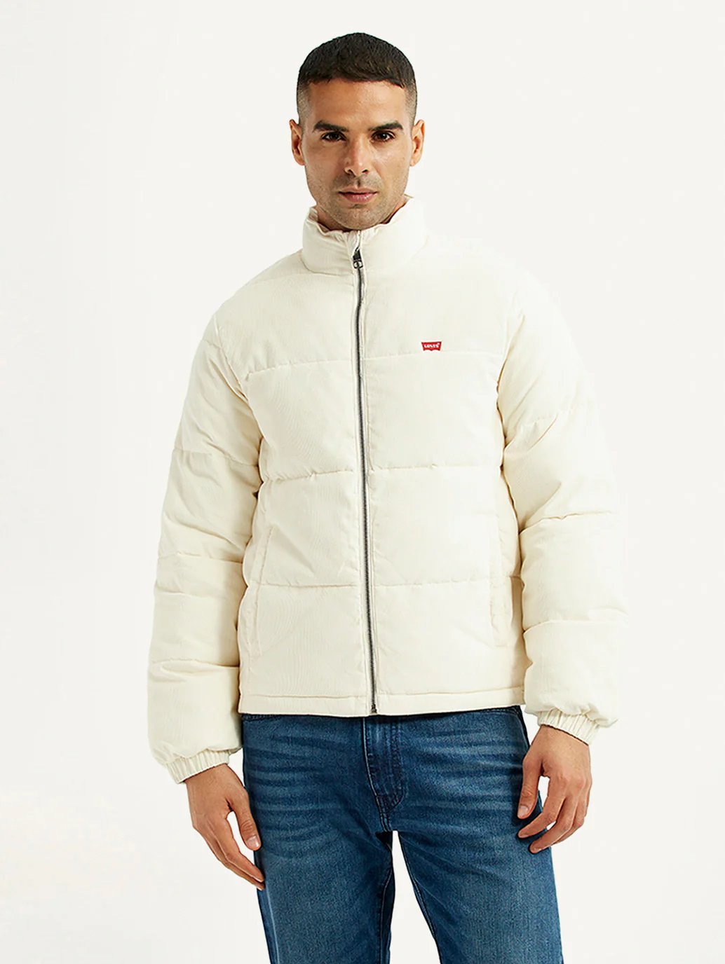 Men's Solid Cream Puffer Jacket - Image 2