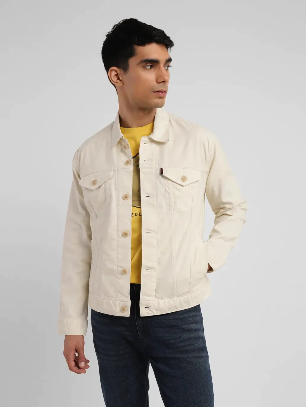 Men's Redloop Solid Cream Spread Collar Trucker Jacket