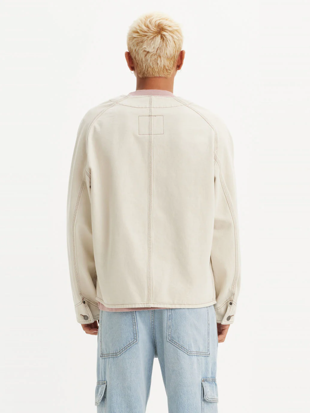 Men's Solid Cream V Neck Denim Jacket - Image 3