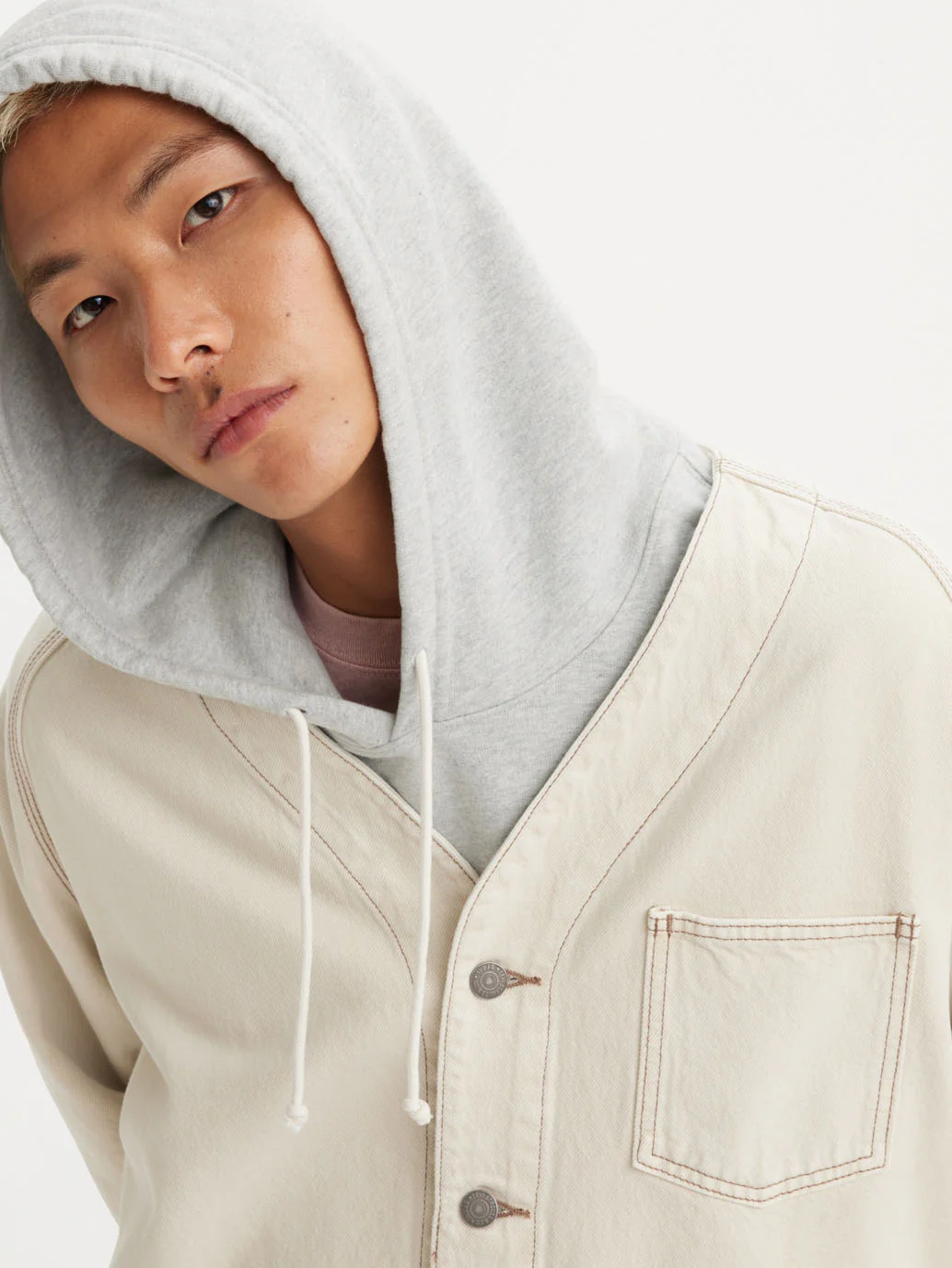 Men's Solid Cream V Neck Denim Jacket - Image 4