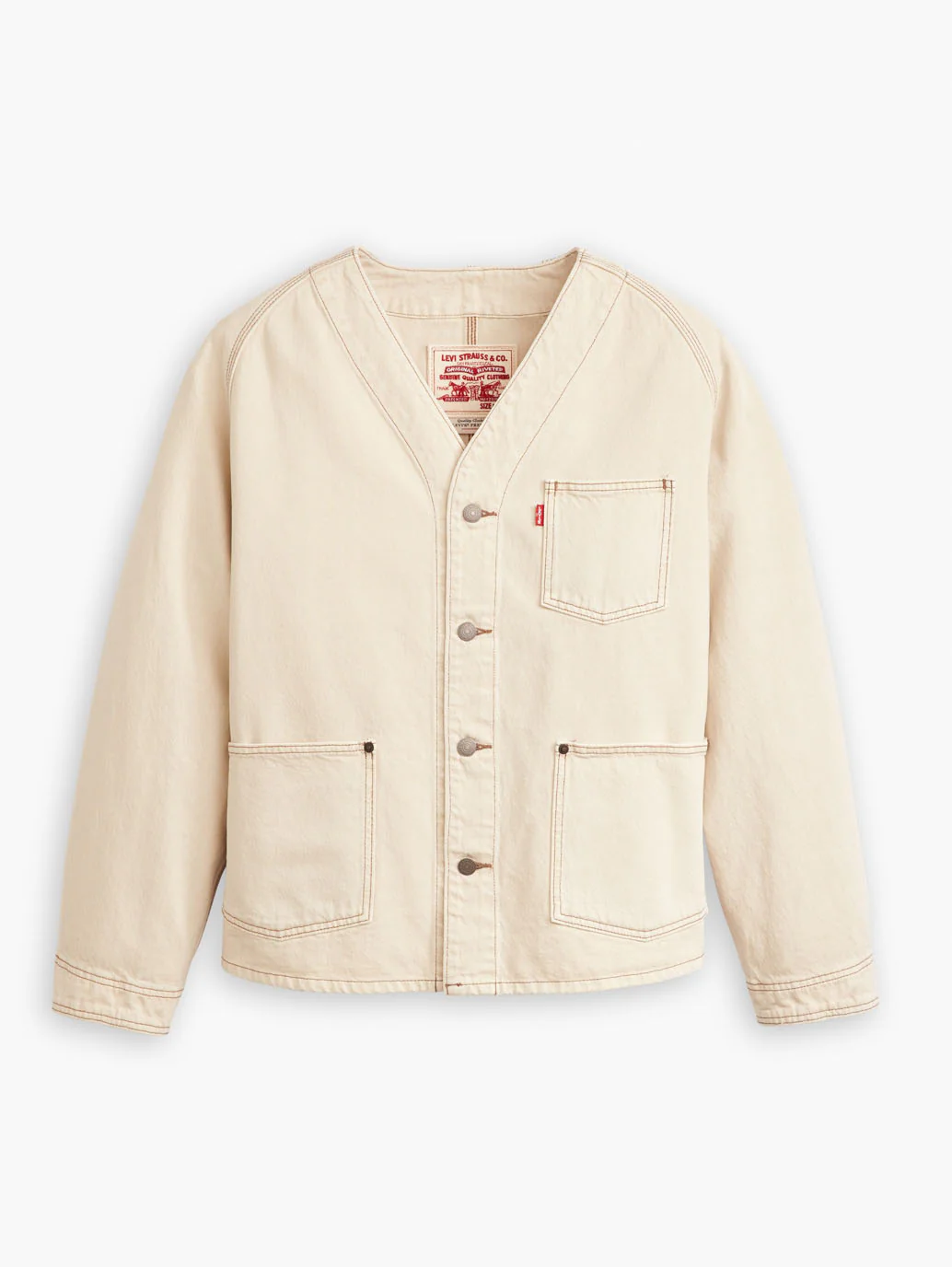 Men's Solid Cream V Neck Denim Jacket - Image 5