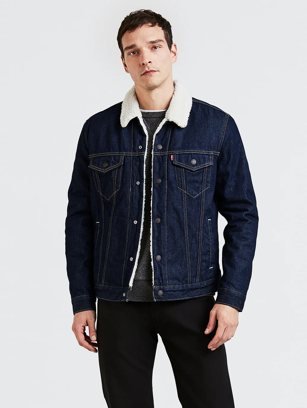 Men's Solid Dark Blue Shearling Jacket - Image 4