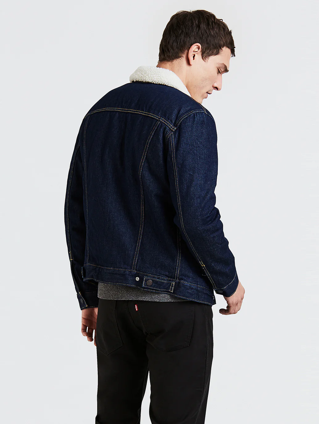 Men's Solid Dark Blue Shearling Jacket - Image 5