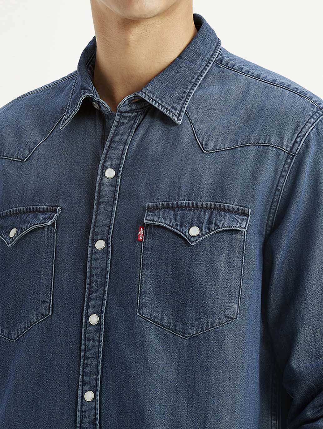 Men's Solid Dark Blue Slim Fit Denim Shirt - Image 4