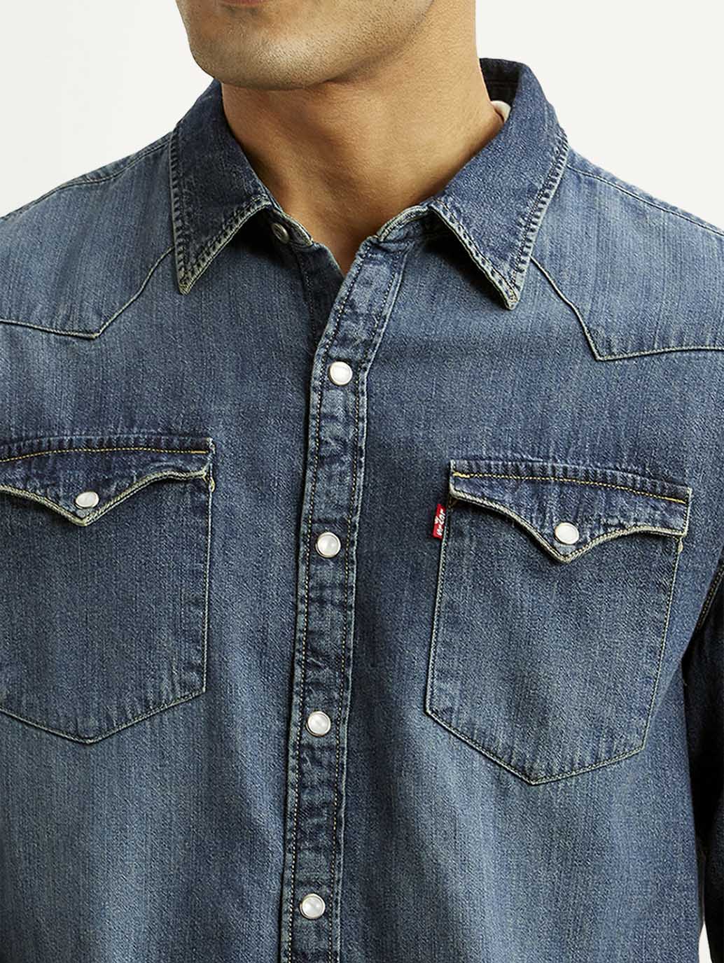 Men's Solid Dark Blue Slim Fit Denim Shirt - Image 4