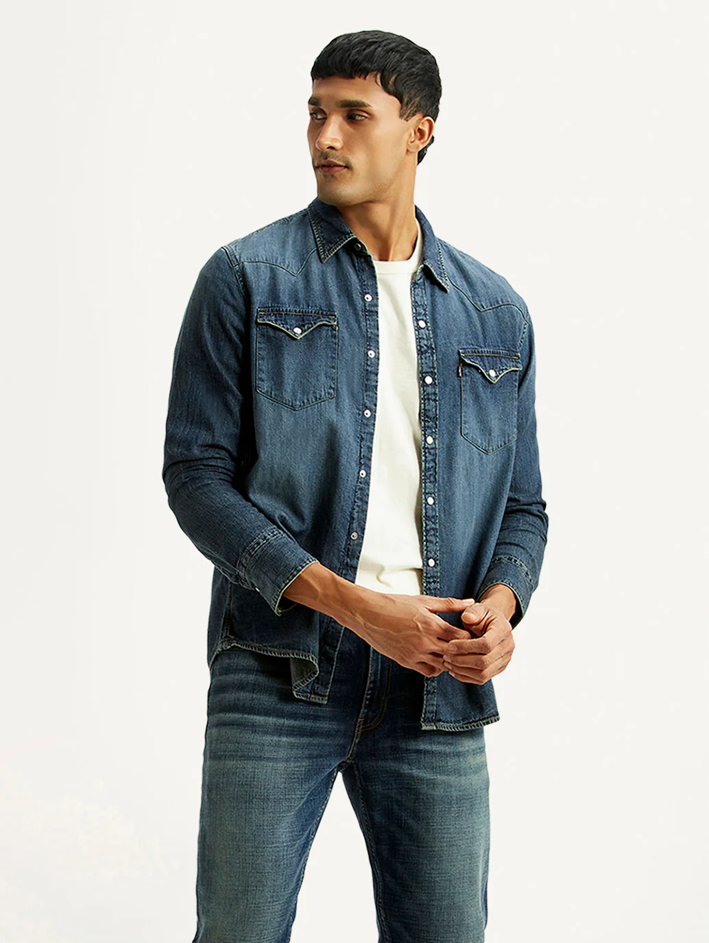 Men's Solid Dark Blue Slim Fit Denim Shirt - Image 5