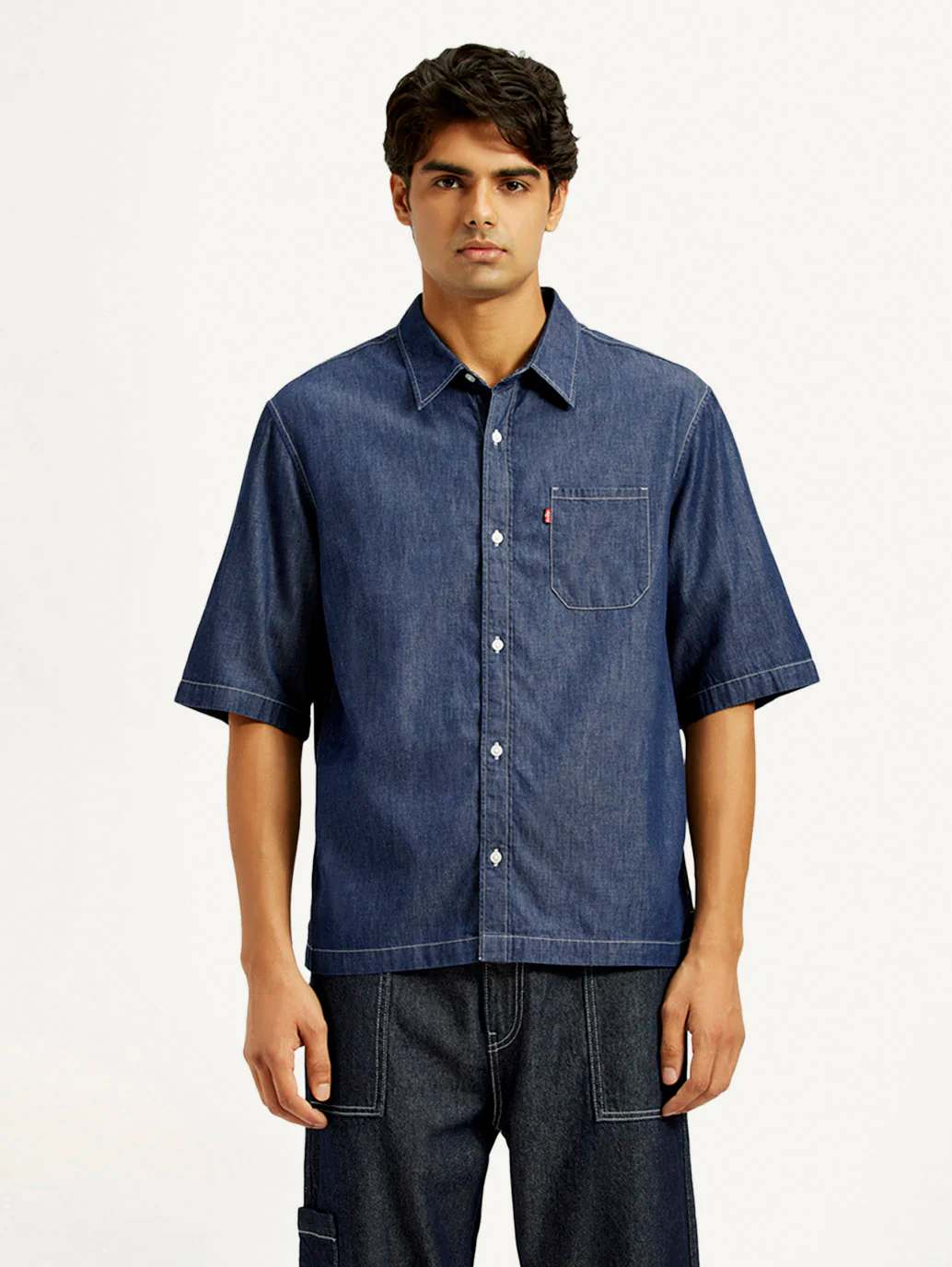 Men's Solid Dark Blue Spread Collar Denim Shirt - Image 2