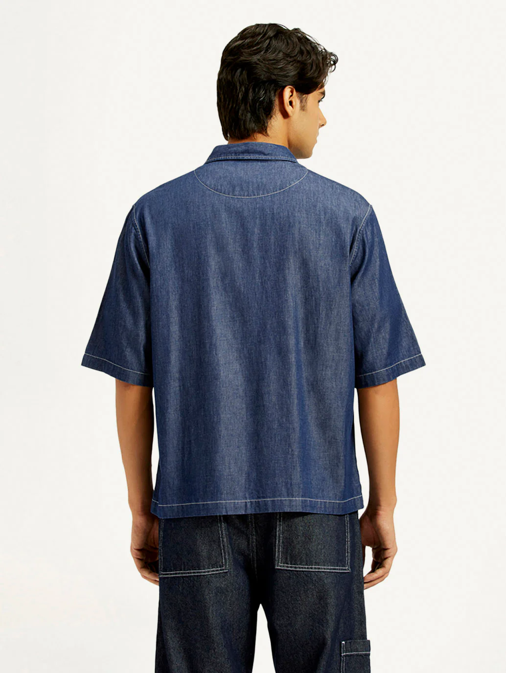Men's Solid Dark Blue Spread Collar Denim Shirt - Image 3