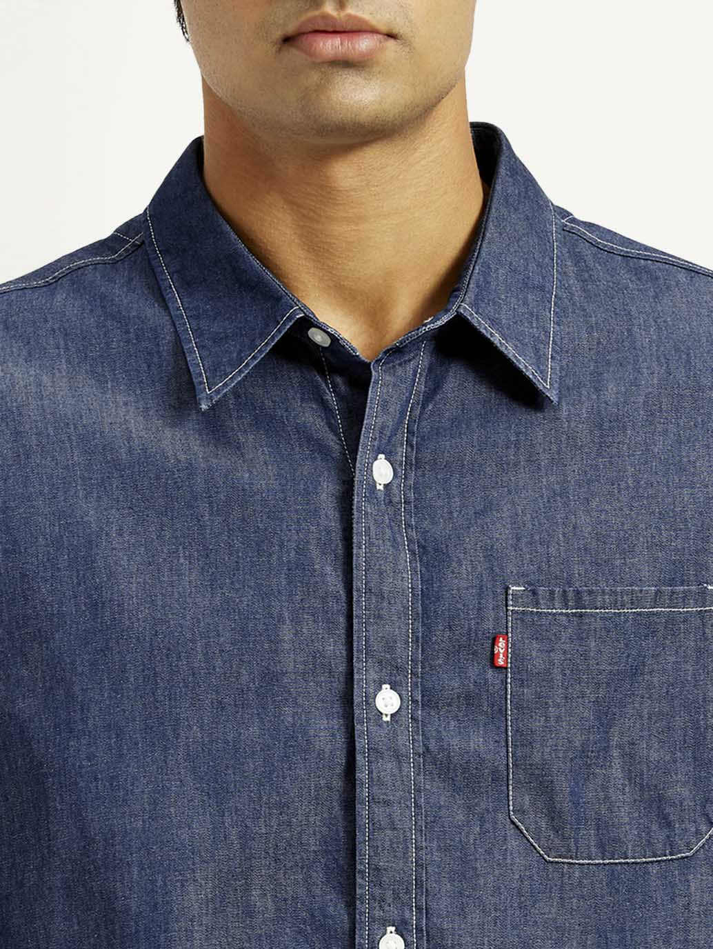Men's Solid Dark Blue Spread Collar Denim Shirt - Image 4