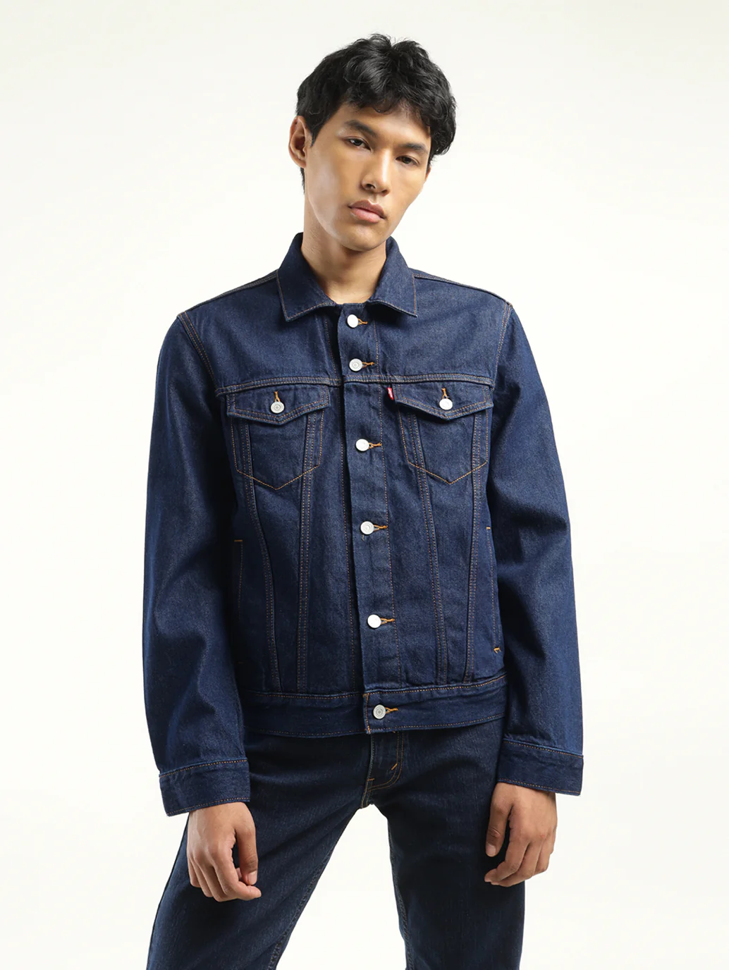 Men's Solid Dark Blue Spread Collar Denim Jacket - Image 5