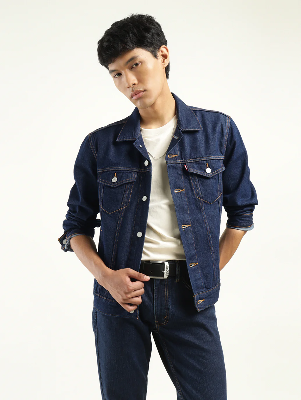 Men's Solid Dark Blue Spread Collar Denim Jacket - Image 6