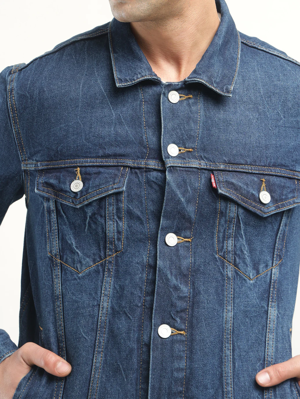 Men's Solid Dark Blue Spread Collar Denim Jacket - Image 4