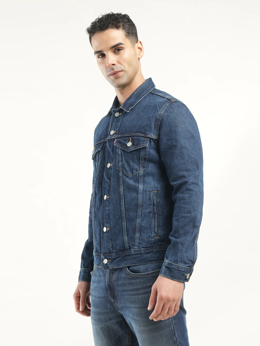 Men's Solid Dark Blue Spread Collar Denim Jacket - Image 5