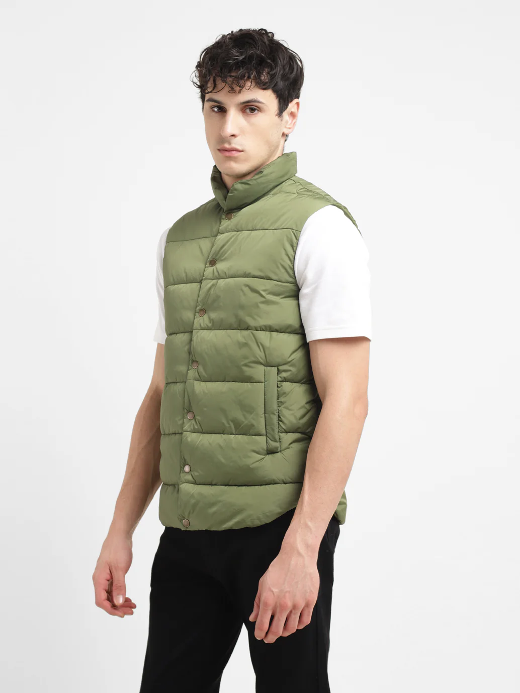 Men's Solid Green Band Neck Quilted Jacket - Image 4