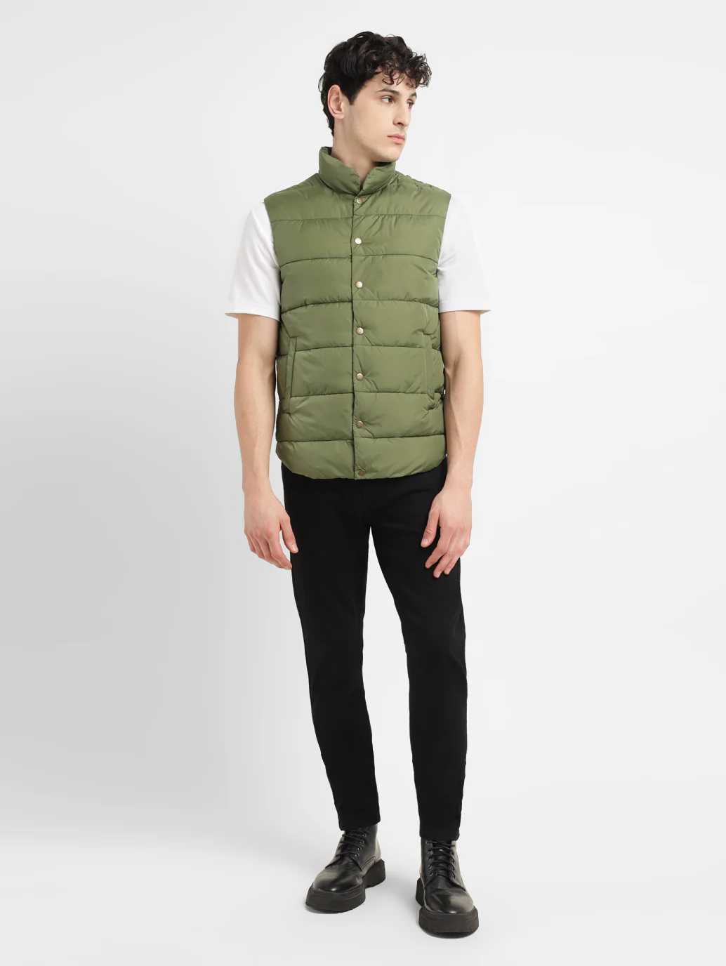 Men's Solid Green Band Neck Quilted Jacket - Image 6