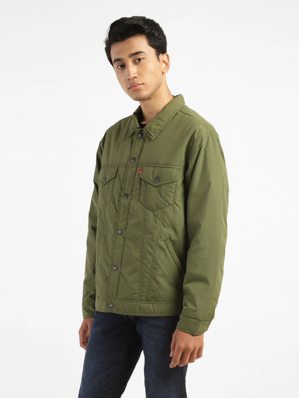 Men's Solid Green Collar Neck Padded Jacket - Image 5