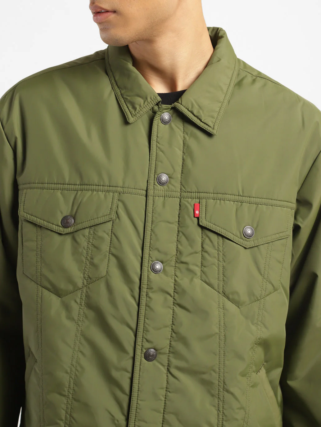 Men's Solid Green Collar Neck Padded Jacket - Image 6