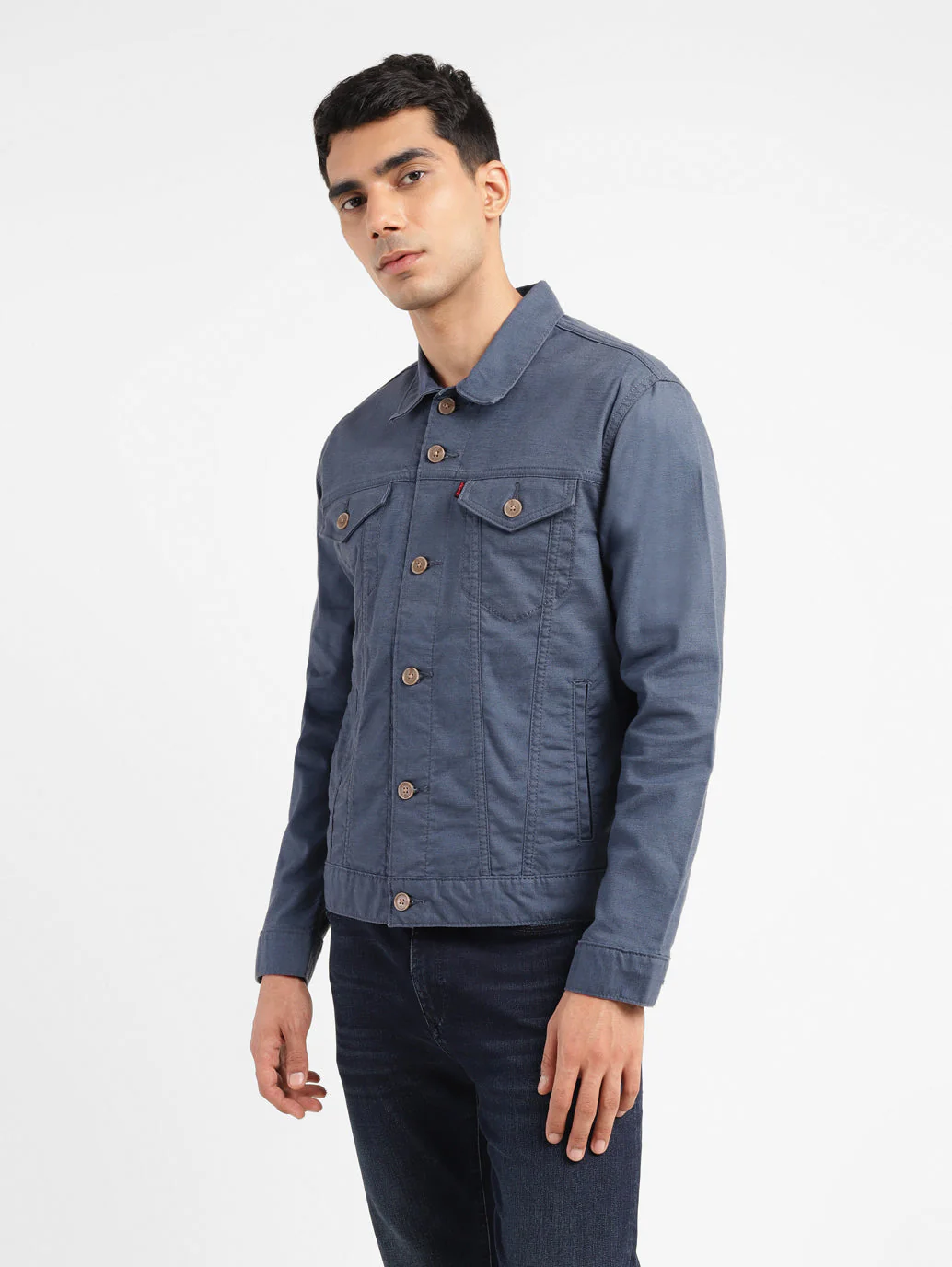 Men's Redloop Solid Grey Spread Collar Trucker Jacket - Image 5