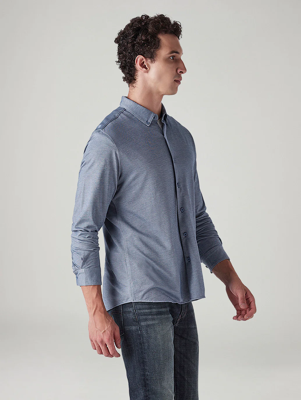 Men's Solid Blue Slim Fit Textured Shirt - Image 3