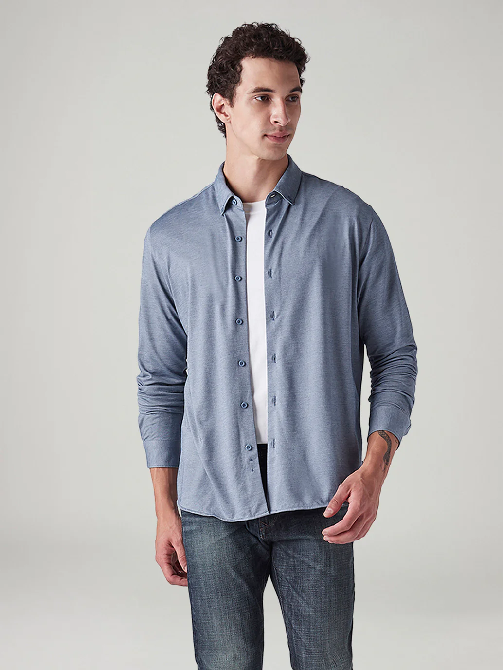 Men's Solid Blue Slim Fit Textured Shirt - Image 5