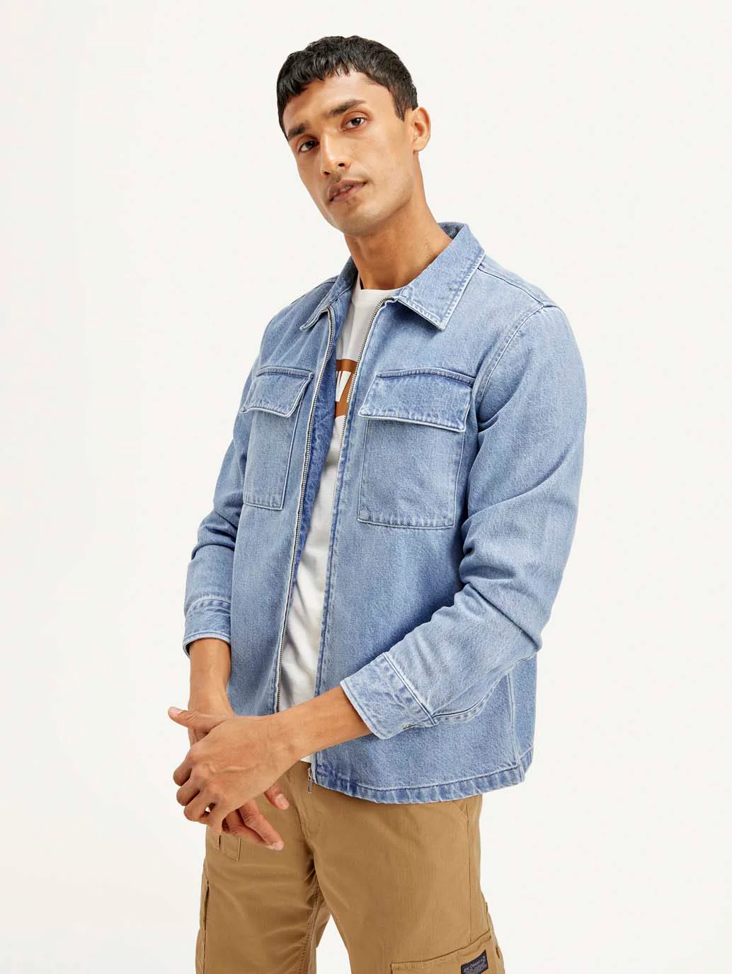 Men's Solid Light Blue Denim Shacket