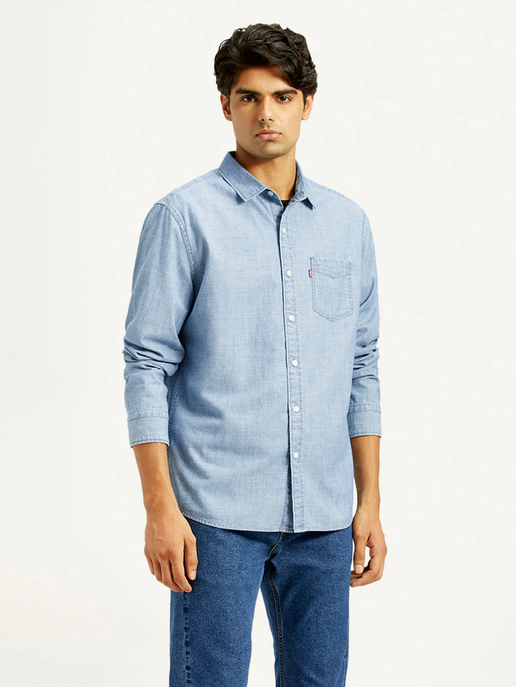 Men's Solid Light Blue Slim Fit Denim Shirt - Image 5
