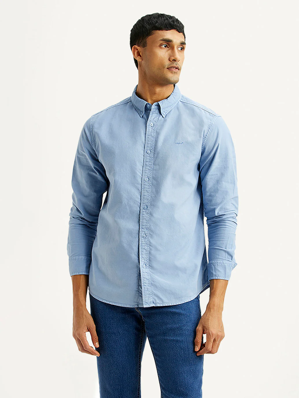 Men's Solid Light Blue Slim Fit Oxford Shirt - Image 4
