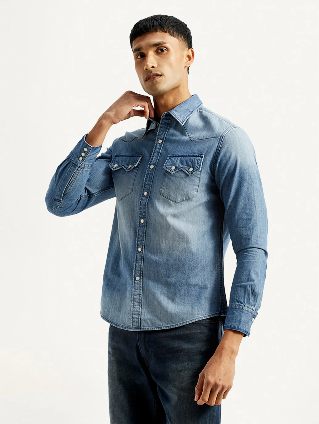 Men's Solid Light Blue Slim Fit Denim Shirt - Image 5