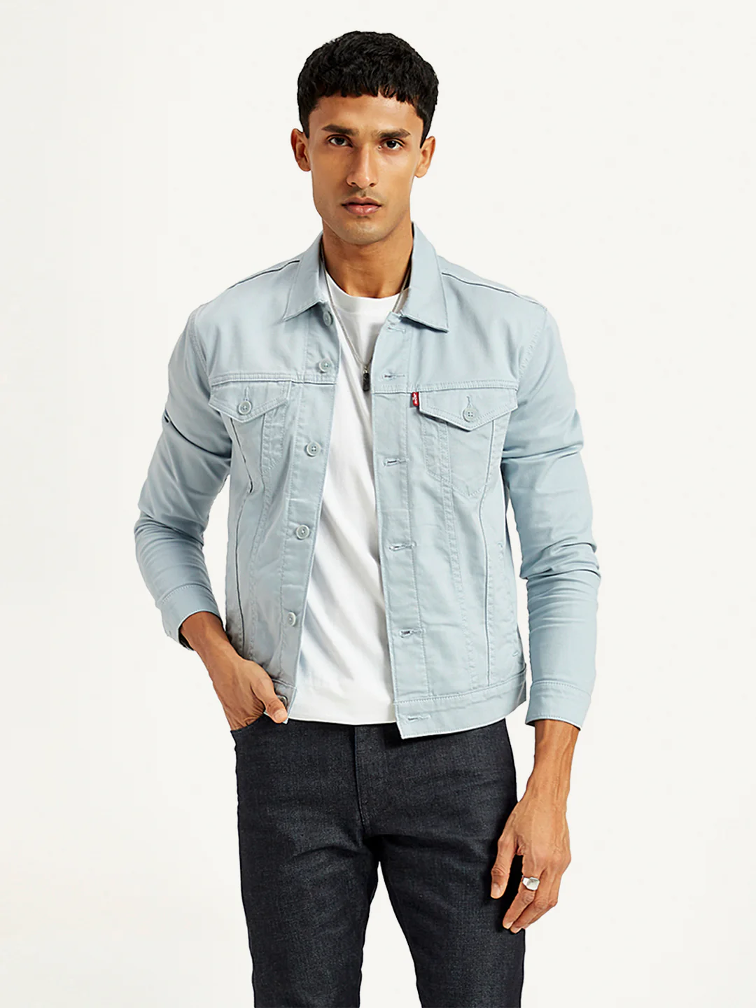 Men's Solid Light-Blue Spread Collar Trucker Denim Jacket