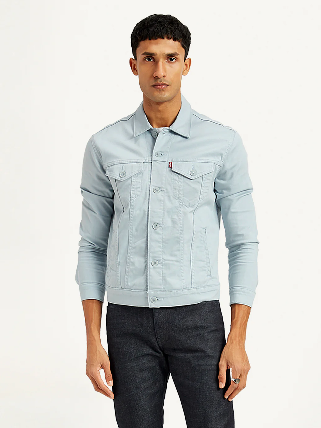 Men's Solid Light-Blue Spread Collar Trucker Denim Jacket - Image 2