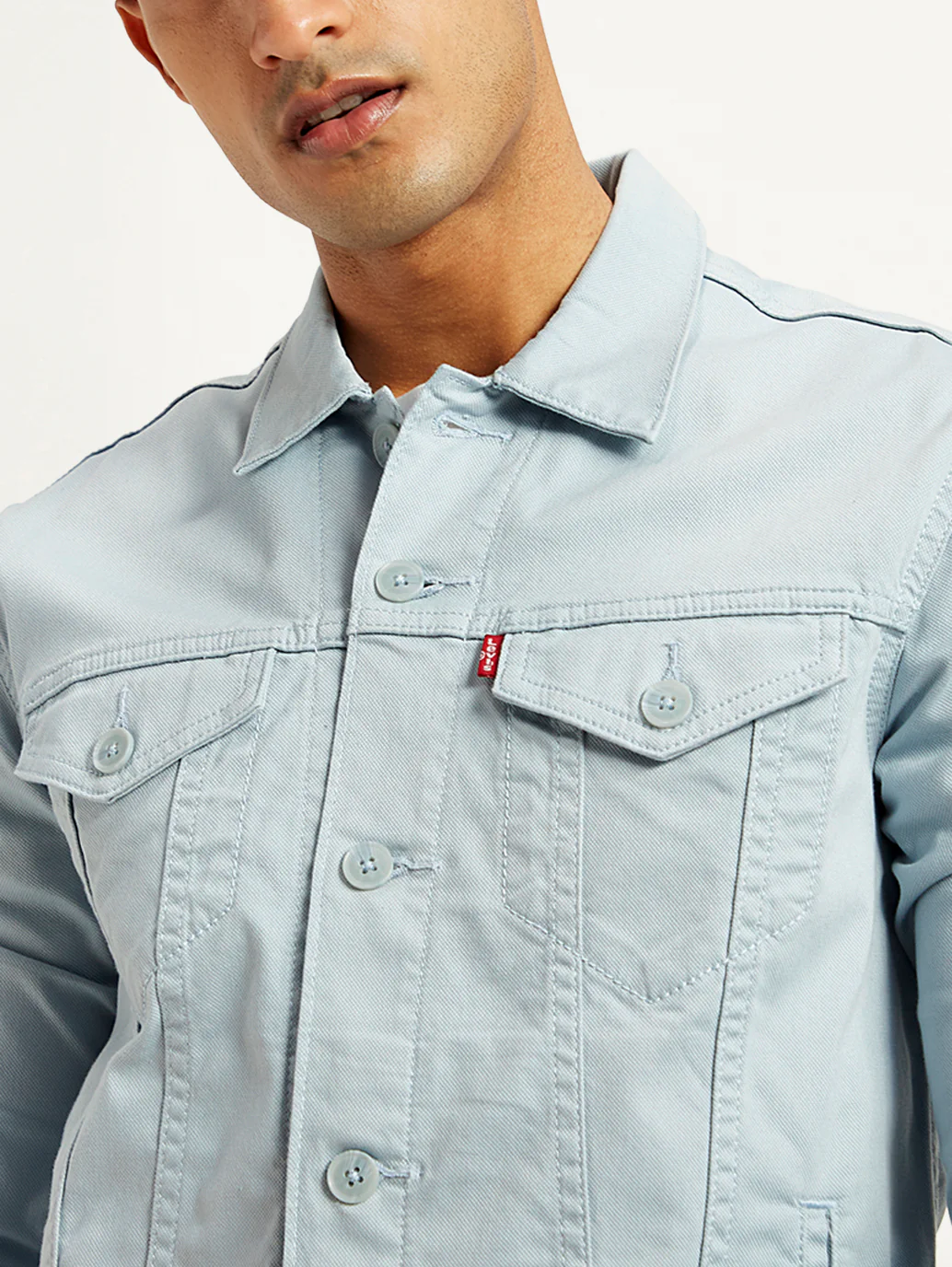 Men's Solid Light-Blue Spread Collar Trucker Denim Jacket - Image 4