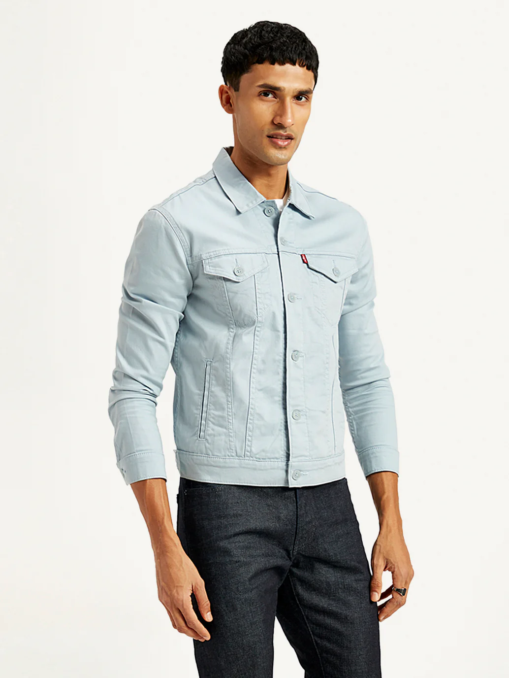Men's Solid Light-Blue Spread Collar Trucker Denim Jacket - Image 5
