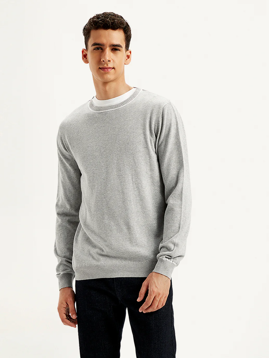 Men's Solid Light-Grey Crew Neck Sweater - Image 2