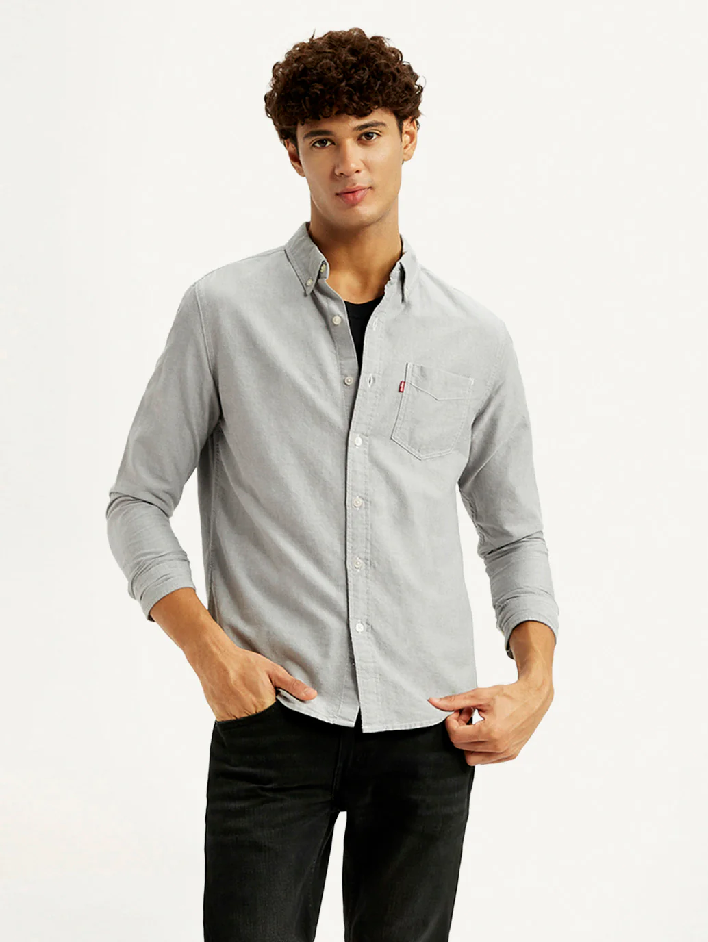Men's Solid Light Grey Slim Fit Oxford Shirt - Image 2