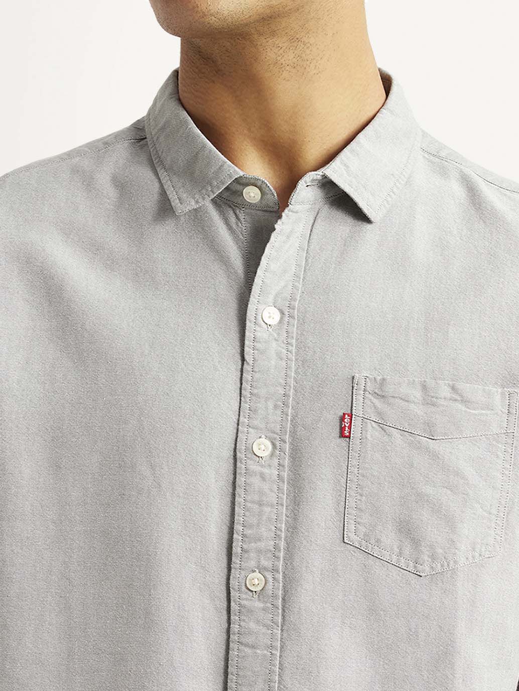 Men's Solid Light Grey Slim Fit Oxford Shirt - Image 4